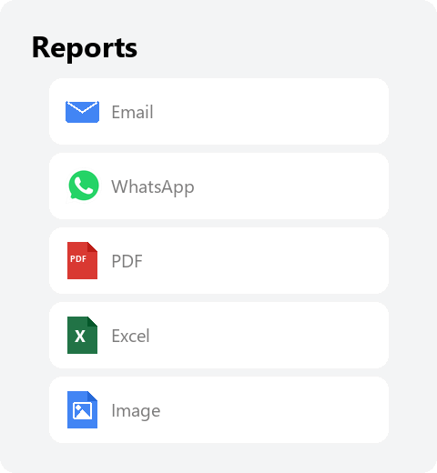 Reports: Email, WhatsApp, PDF, Excel, Image