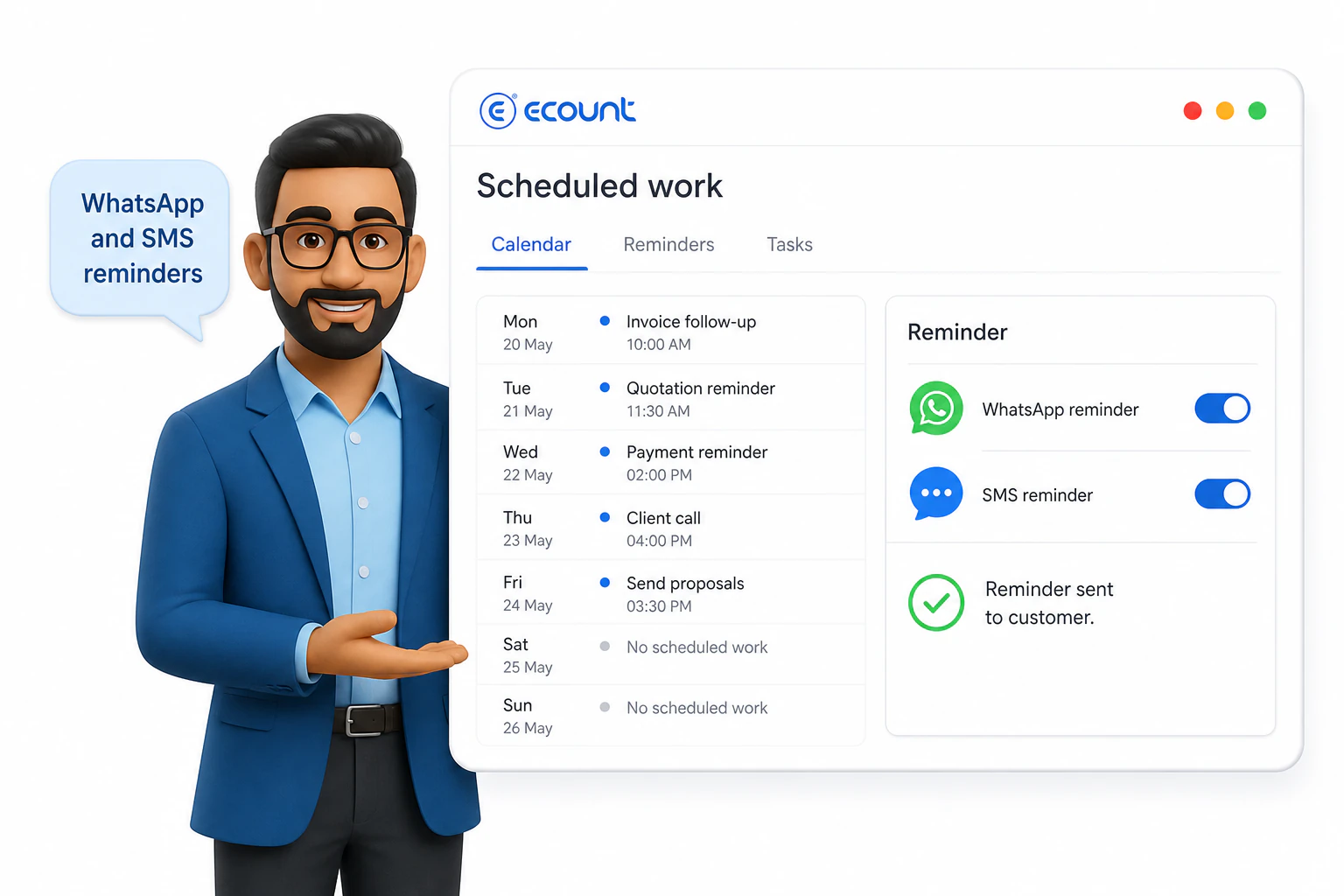 eCount scheduled work with WhatsApp and SMS reminders
