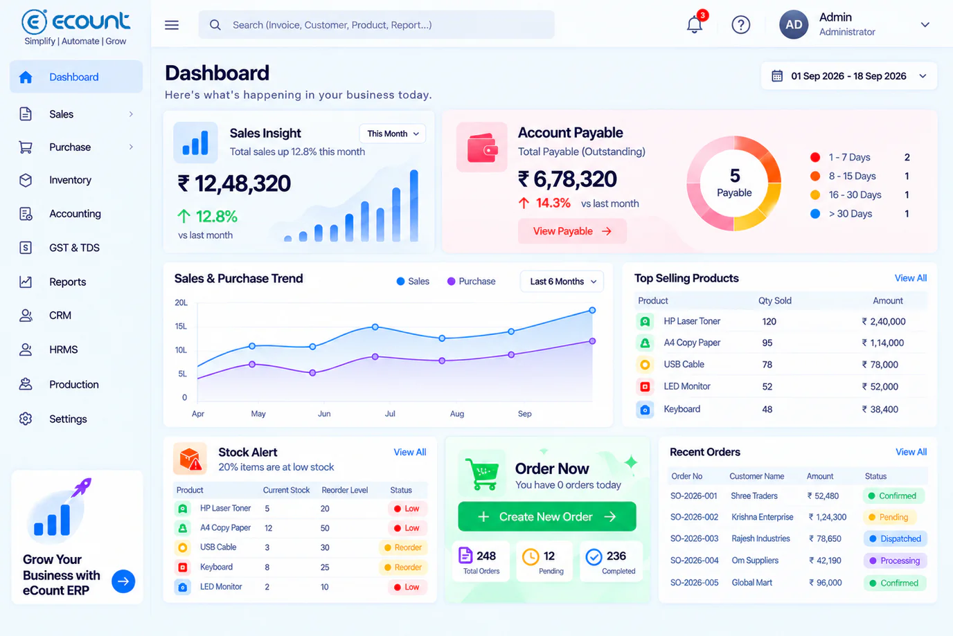 eCount ERP business overview dashboard
